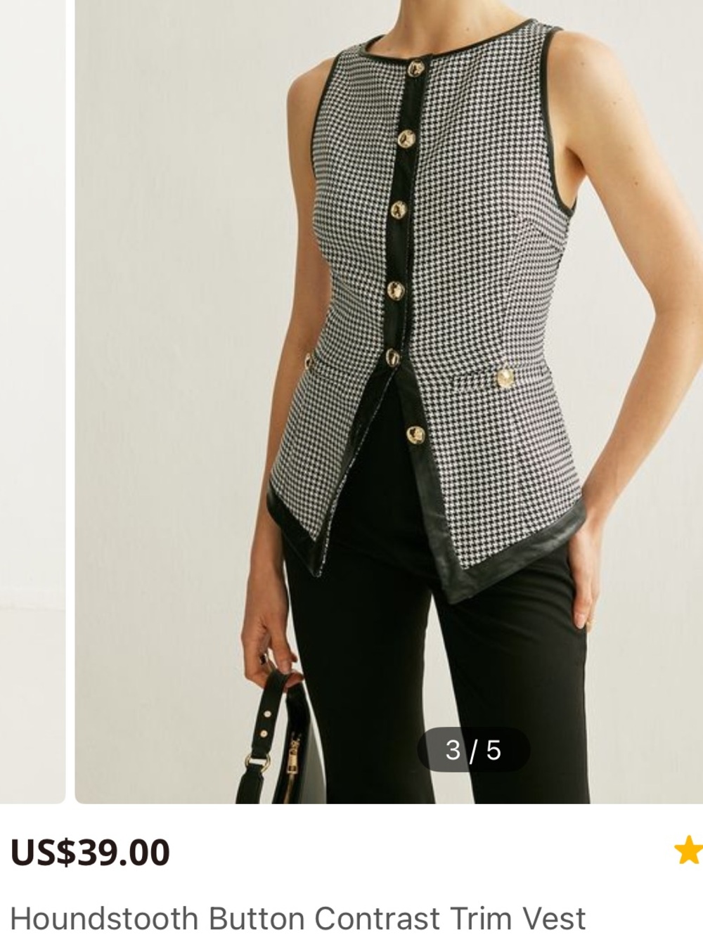 Commense Houndstooth Black Trim Sleeveless Vest